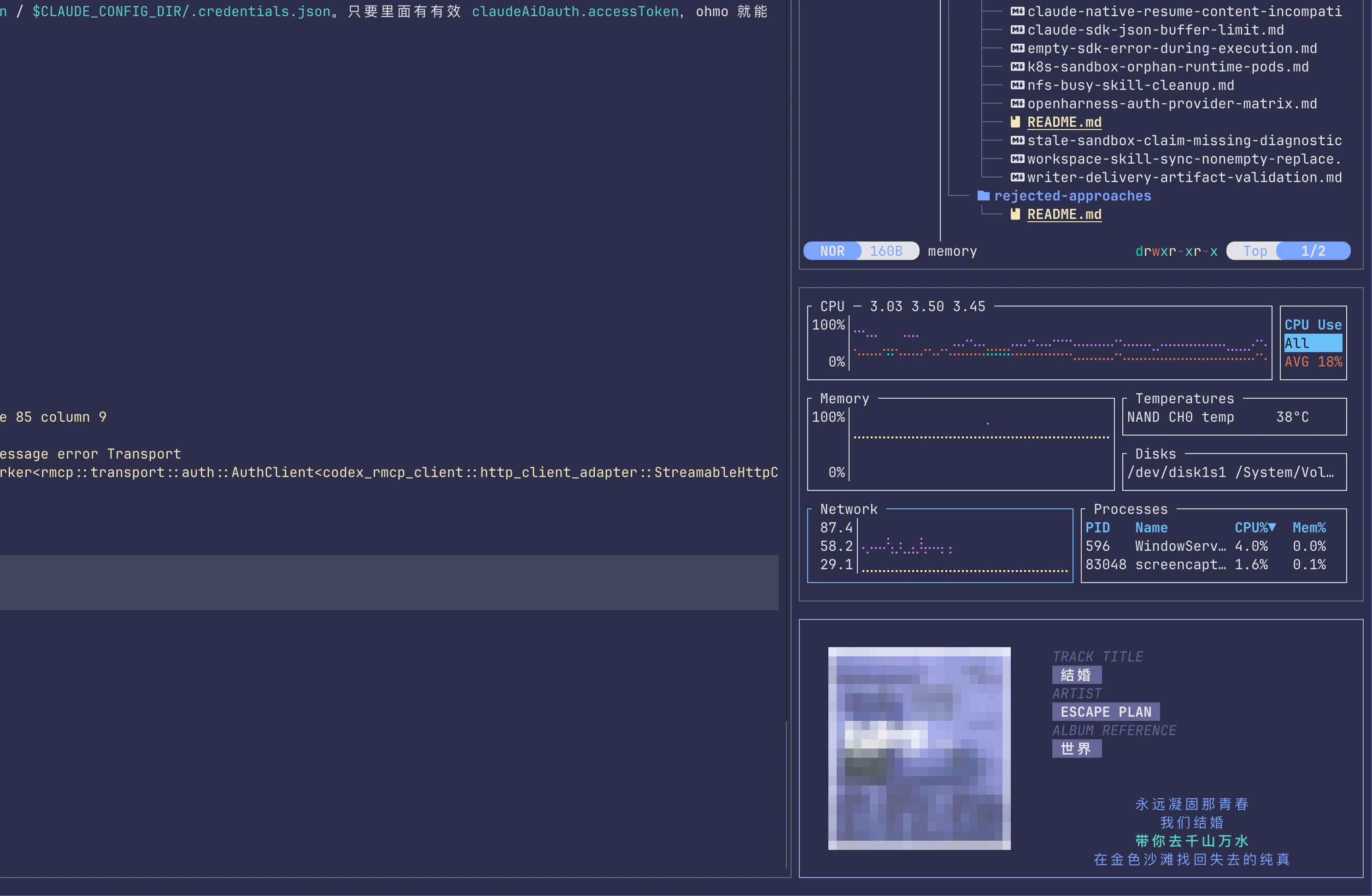 AMCLI running alongside an editor and system monitors in a terminal workspace