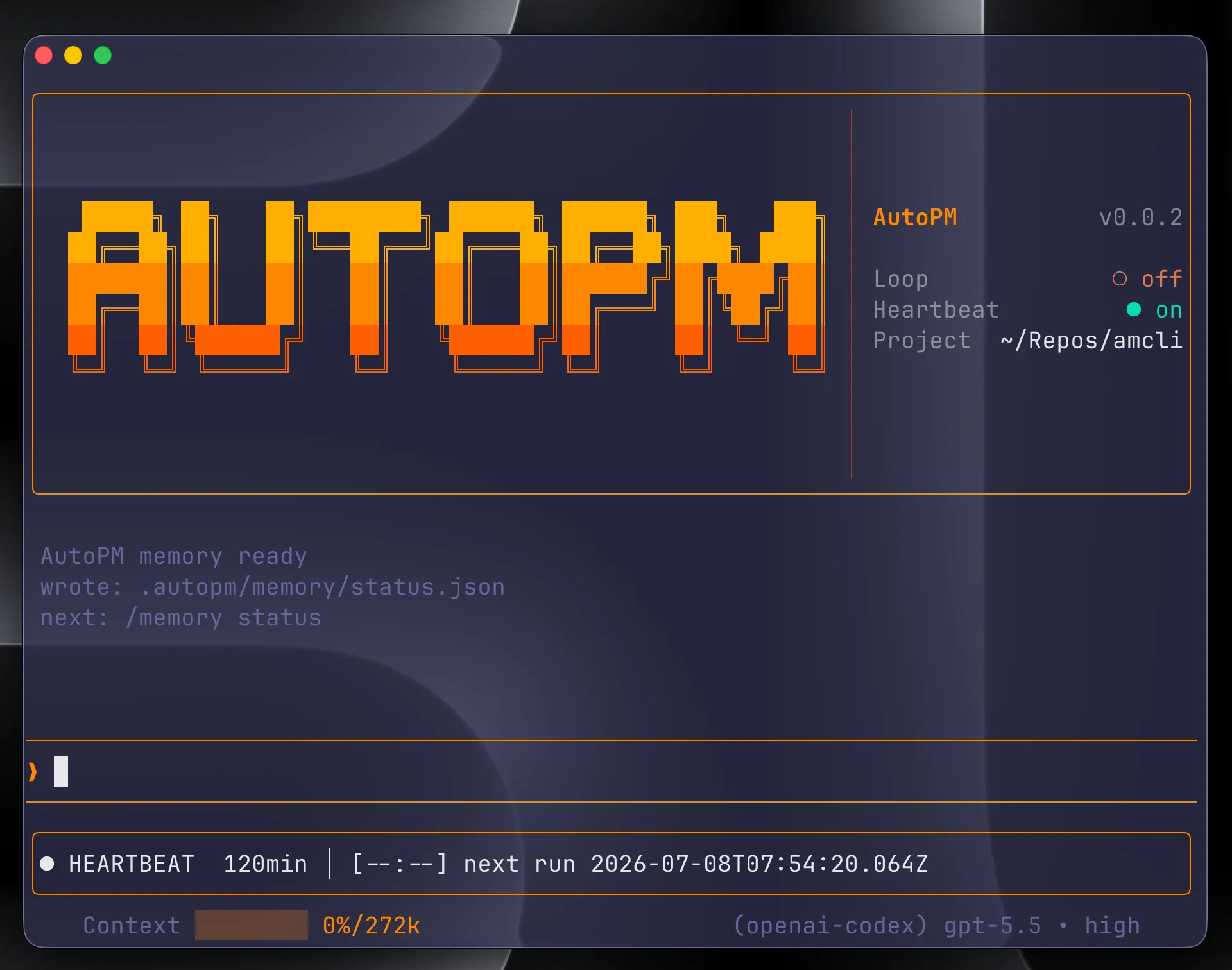 AutoPM terminal interface showing heartbeat and memory status