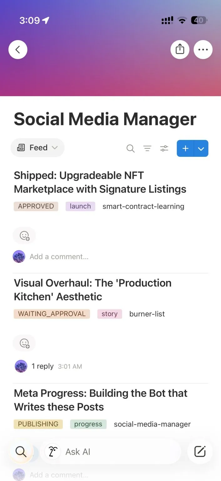 Social Media Manager approval workflow in a mobile Notion dashboard