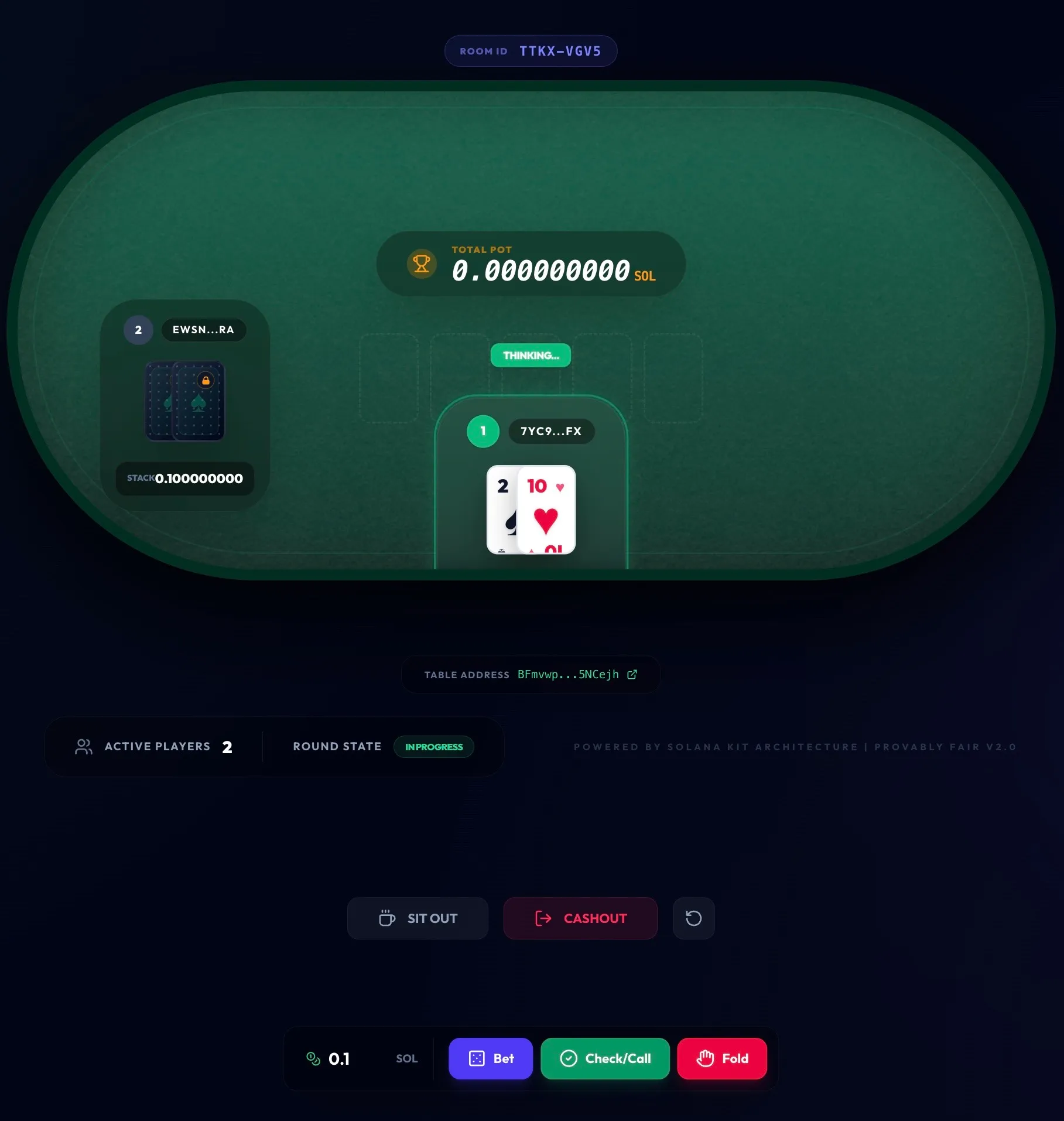 SolShark poker table showing two active players, private cards, the total pot, and betting controls